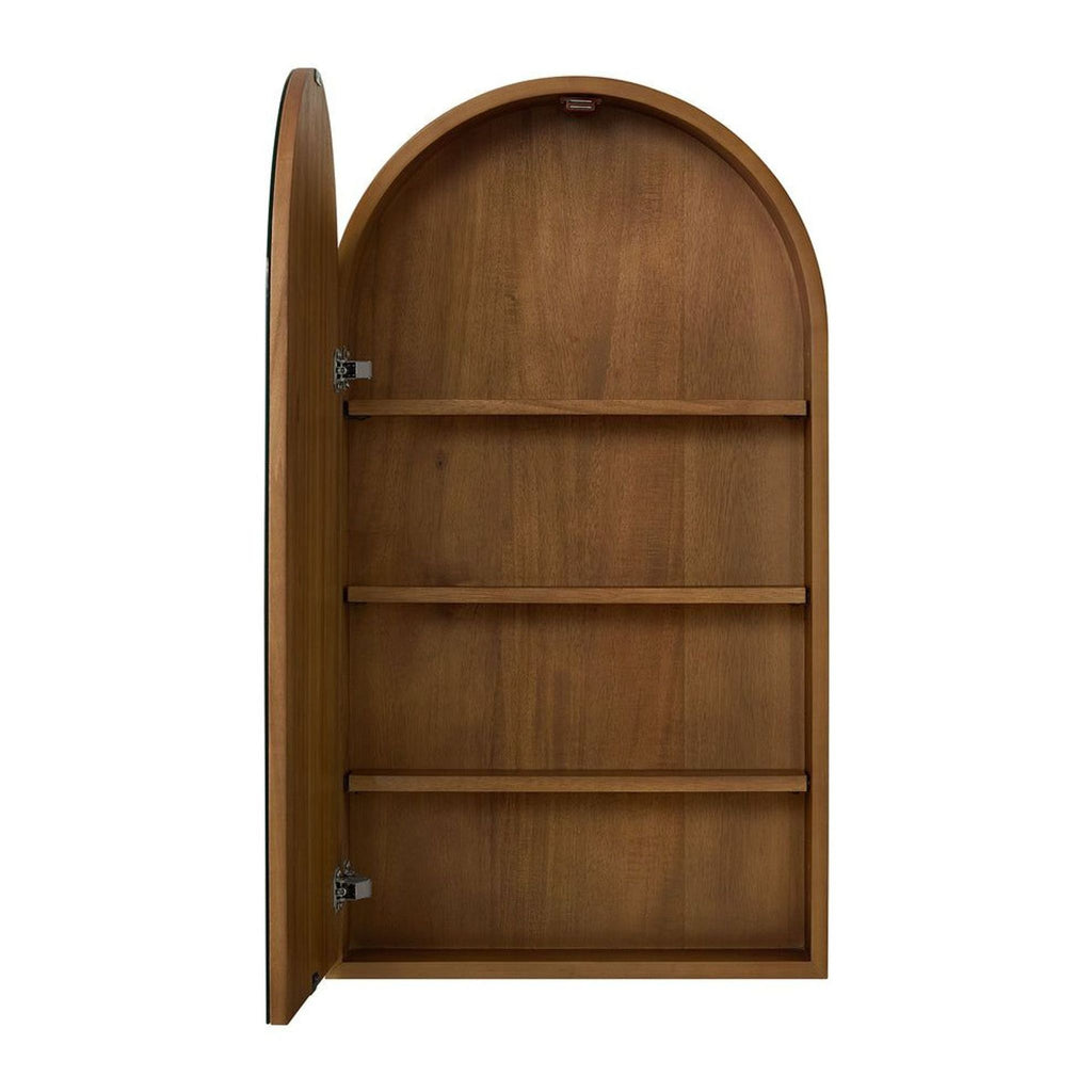 3. Side view of Highbury Furnishings’ arched mirror cabinet, displaying interior wooden shelves and hinge detail.