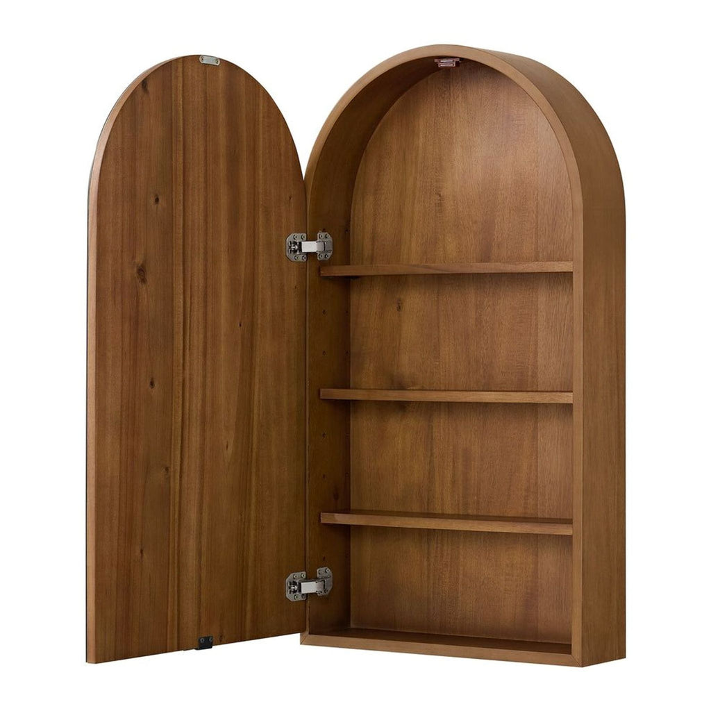 2. Wooden arched mirror cabinet from Highbury Furnishings, shown open to reveal three interior storage shelves.