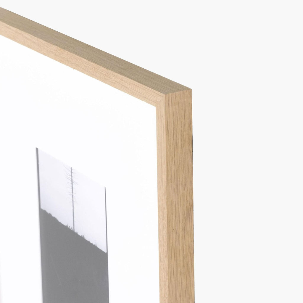 2. Close-up view of natural wood frame showcasing a monochrome nature print, offering a sleek, clean style.  