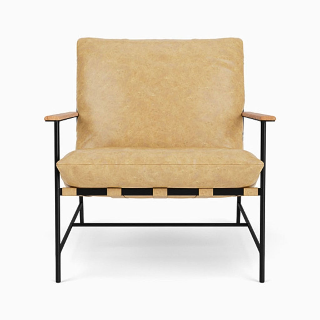 Front view of Denver Modern lounge chair, tan leather cushion, black frame, and wood armrests; minimalist lounge seating.