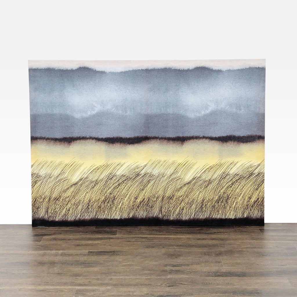 Oversized framed Marimekko print by Aino-Maija Metsola, abstract landscape in neutral tones, gallery-style.