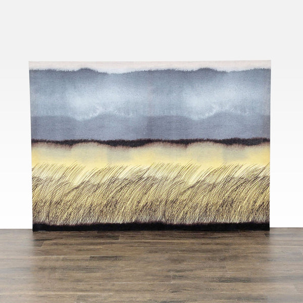 Oversized framed Marimekko print by Aino-Maija Metsola, abstract landscape in neutral tones, gallery-style.