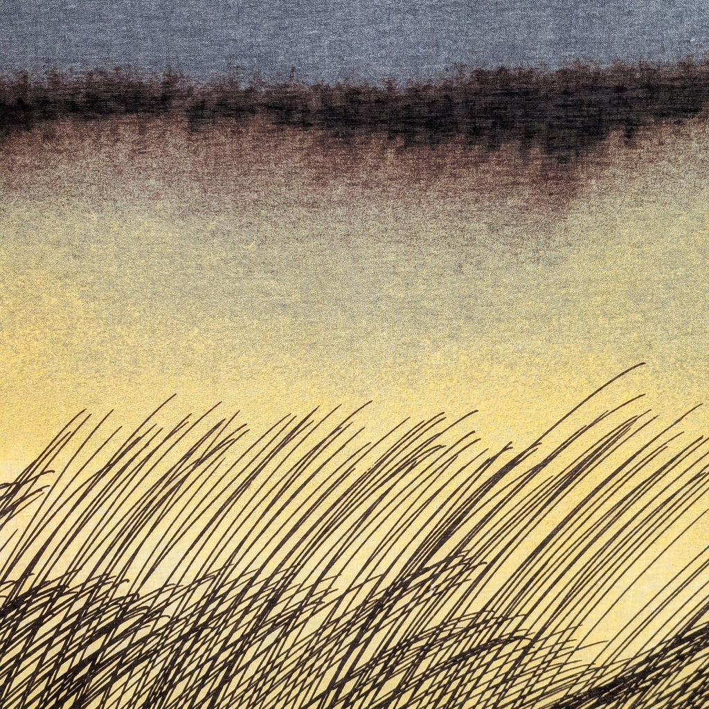 Large “Kuuskajaskari” textile artwork, soft abstract Scandinavian landscape, modern frameless presentation.