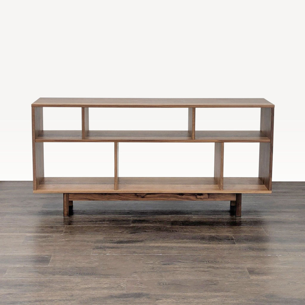 1. Modern Room & Board bookshelf in walnut with open compartments and two tiers, ideal for book or decor storage.