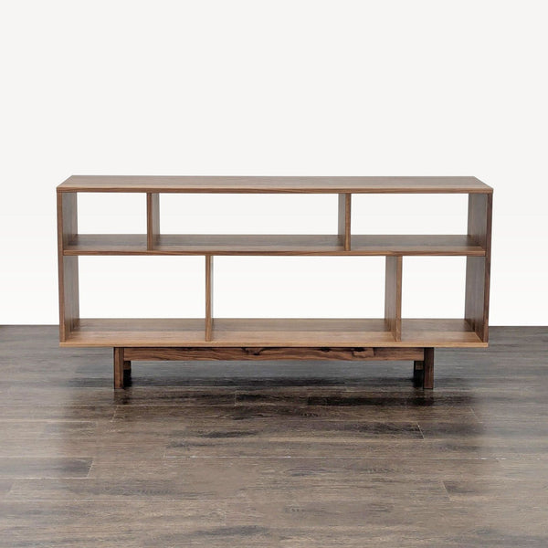1. Modern Room & Board bookshelf in walnut with open compartments and two tiers, ideal for book or decor storage.