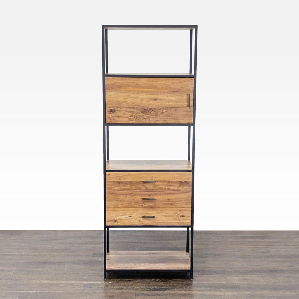 1. Crate & Barrel modern bookshelf with open shelves, two drawers, and a wood cabinet in a black metal frame.
