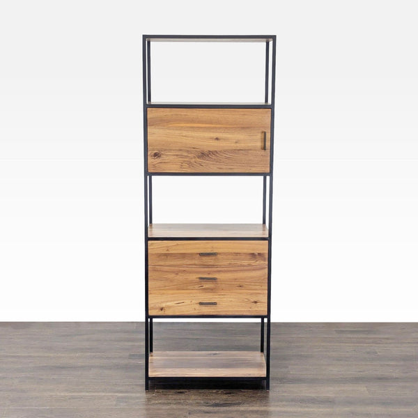 1. Crate & Barrel modern bookshelf with open shelves, two drawers, and a wood cabinet in a black metal frame.