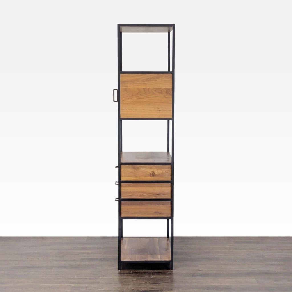 3. Slim Crate & Barrel bookshelf with side view, showing open shelves, two drawers, and a cabinet in metal frame.