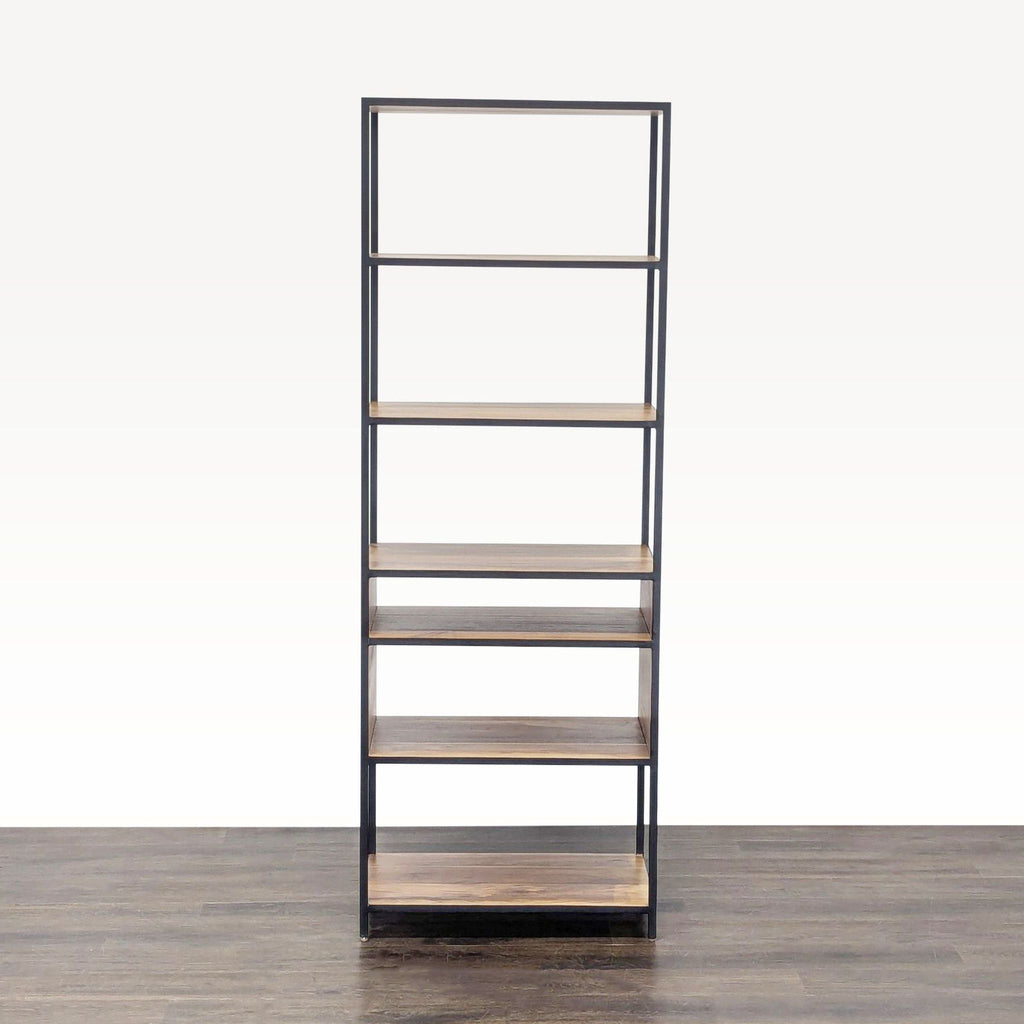 1. Modern bookshelf with black metal frame and five wooden shelves, open design by Crate & Barrel.