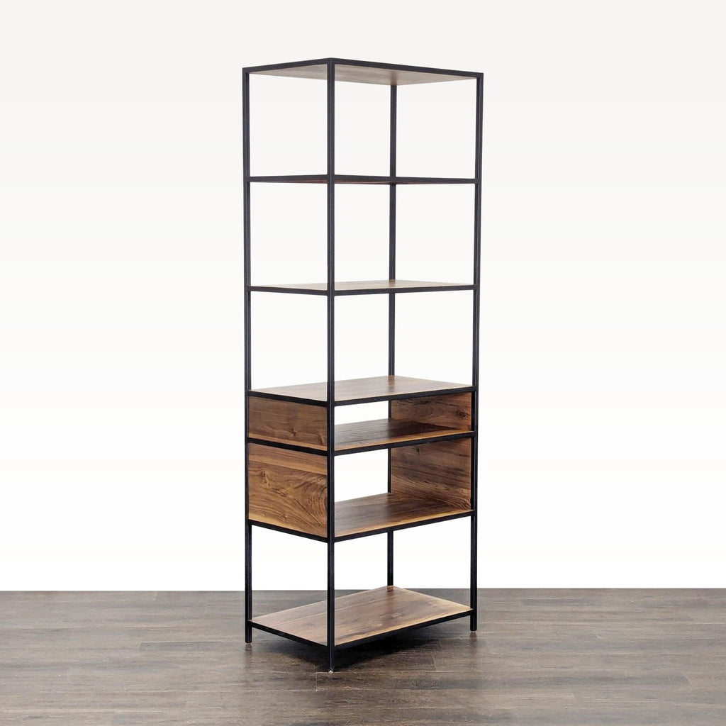 2. Industrial-style Crate & Barrel bookshelf, metal frame, five wood shelves, spacious and versatile.