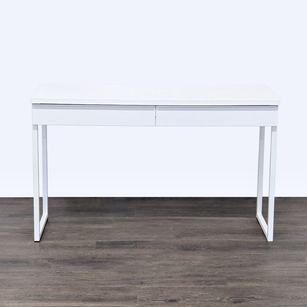 1. White IKEA desk with minimalist design, two drawers, and sturdy metal legs, perfect for various workspace styles.  