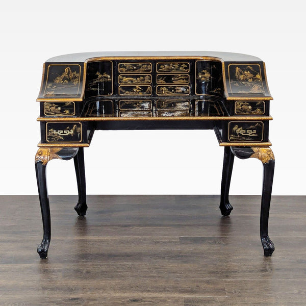 1. Glossy black lacquered desk with gold Asian-inspired art, curved design, and multiple small drawers for storage.  