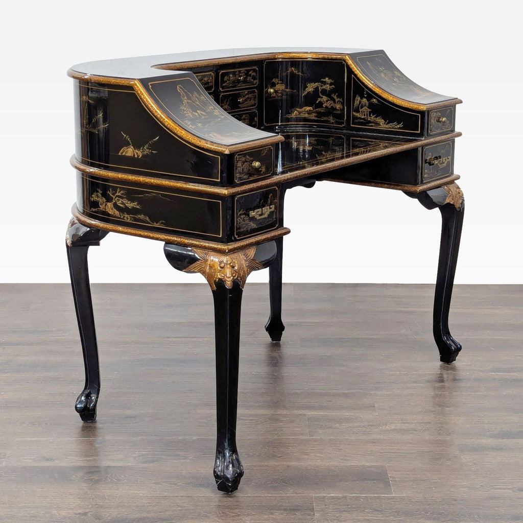 Hand-Painted Chinoiserie Desk and Chair in Black Lacquer