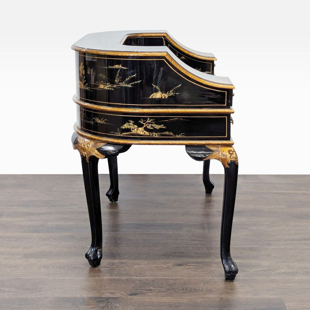 Hand-Painted Chinoiserie Desk and Chair in Black Lacquer