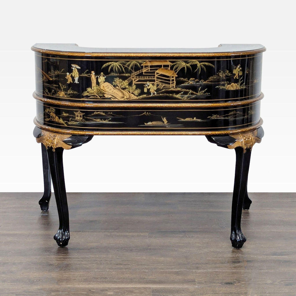 Hand-Painted Chinoiserie Desk and Chair in Black Lacquer