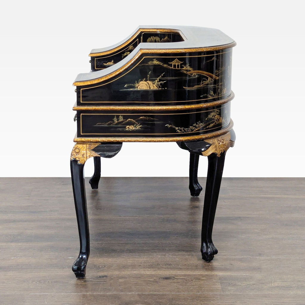 Hand-Painted Chinoiserie Desk and Chair in Black Lacquer
