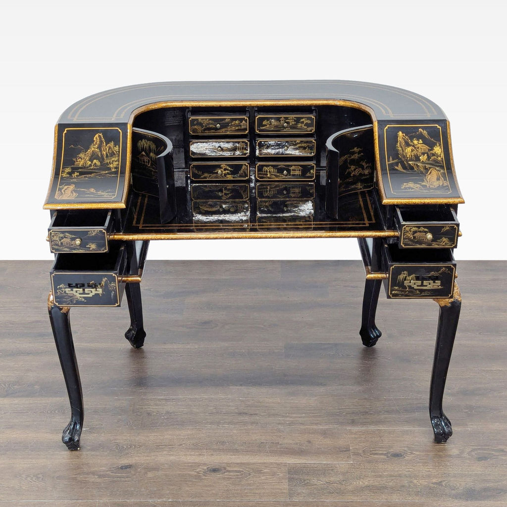 3. Ornate Asian-style black lacquer desk with gold accents, abundant small drawers, and stylish curved form for organization.