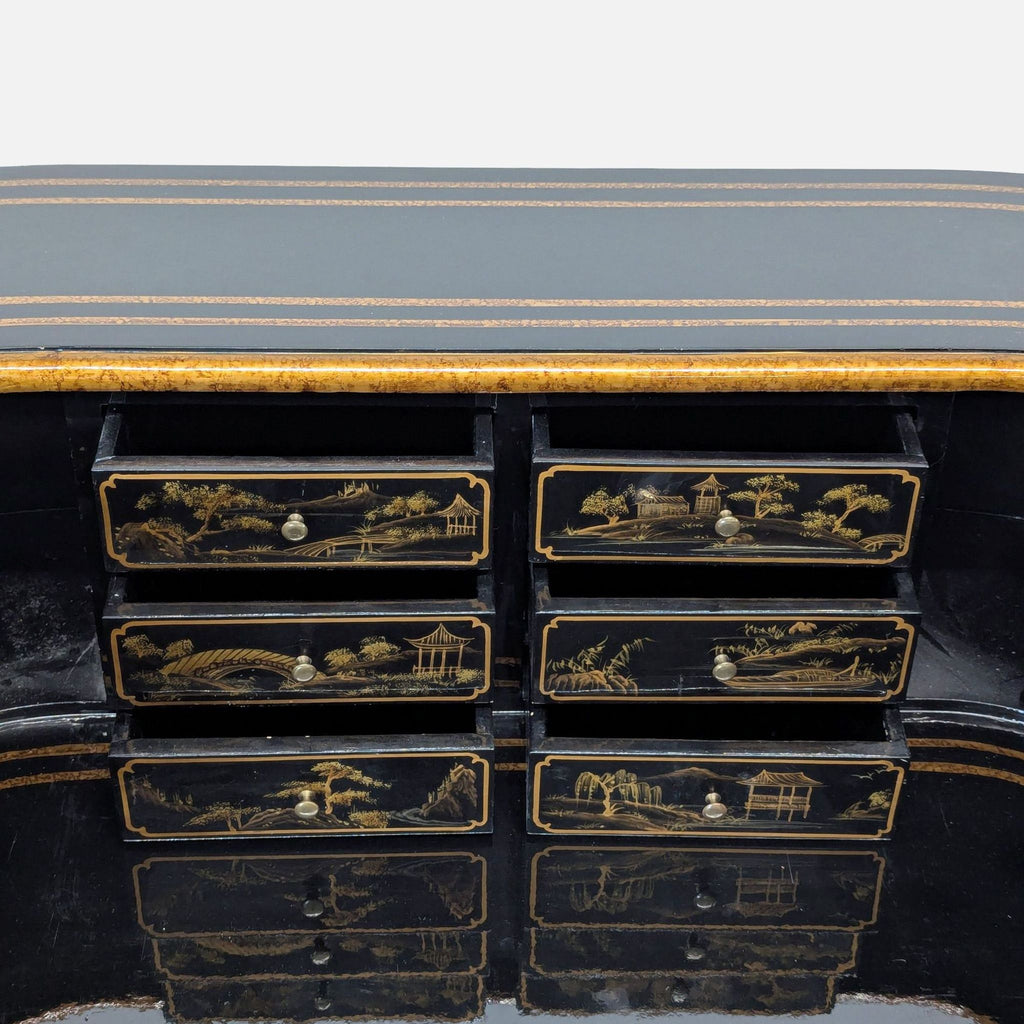 Hand-Painted Chinoiserie Desk and Chair in Black Lacquer