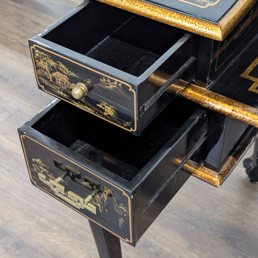 Hand-Painted Chinoiserie Desk and Chair in Black Lacquer
