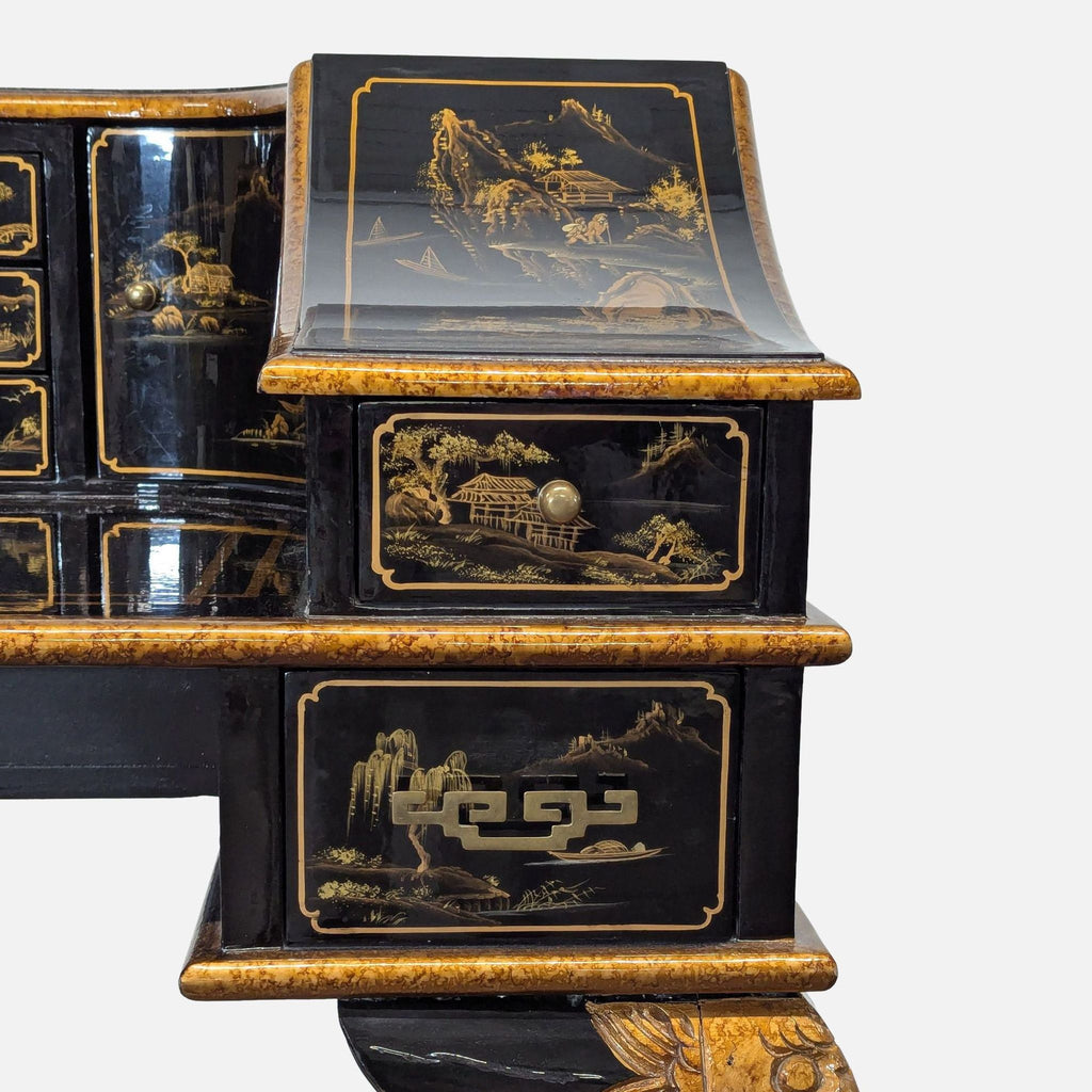 Hand-Painted Chinoiserie Desk and Chair in Black Lacquer