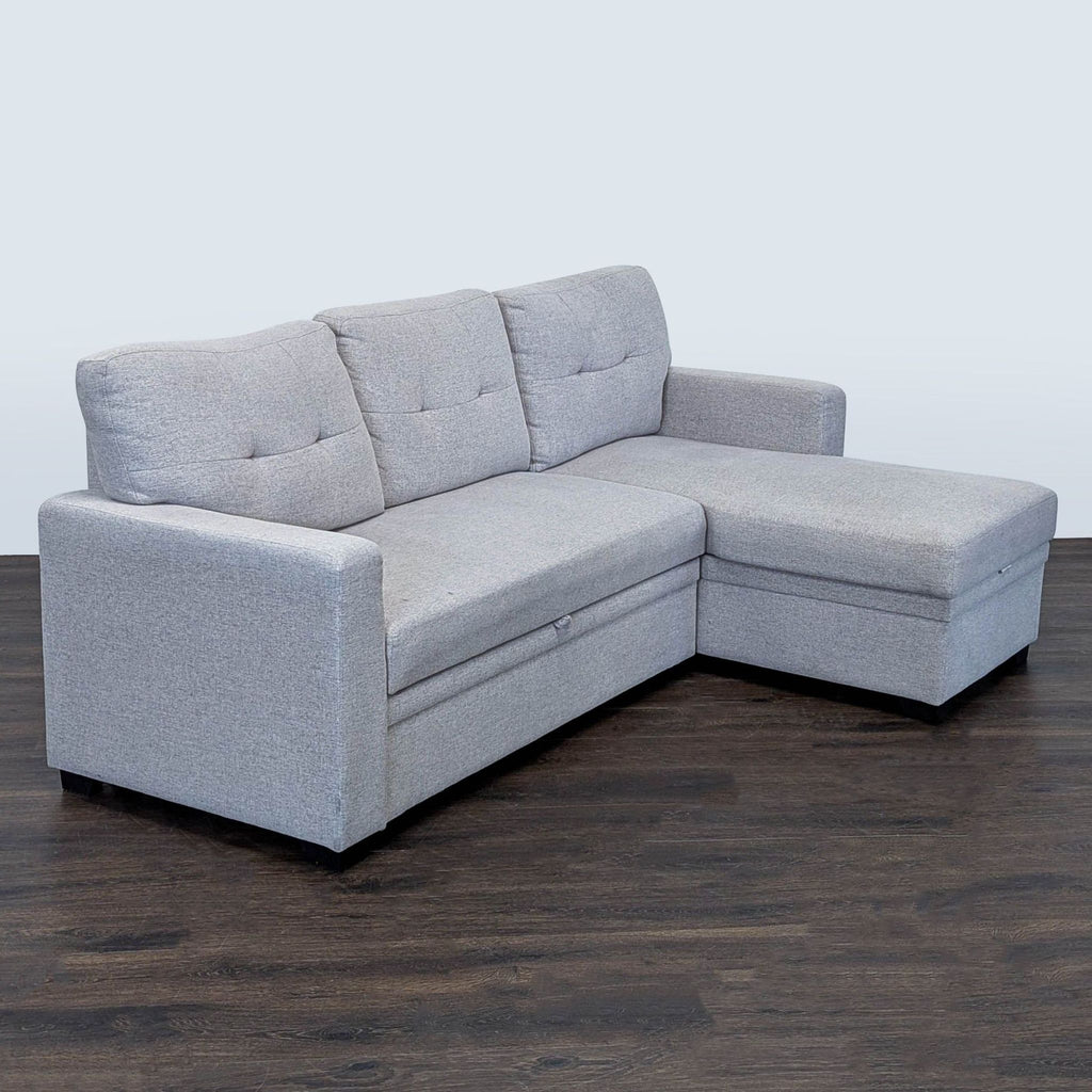 3. Clean and simple light gray sectional couch, perfect for lounging or seating, with spacious storage chaise.