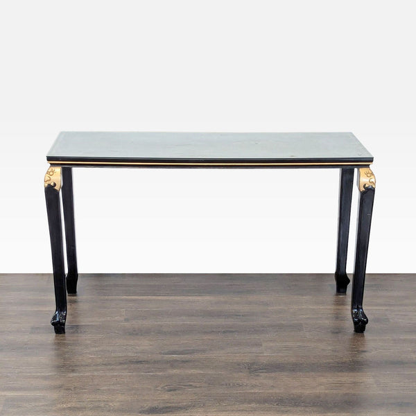 Hand-painted console table with gold-accented border, cabriole legs, and protective glass top.