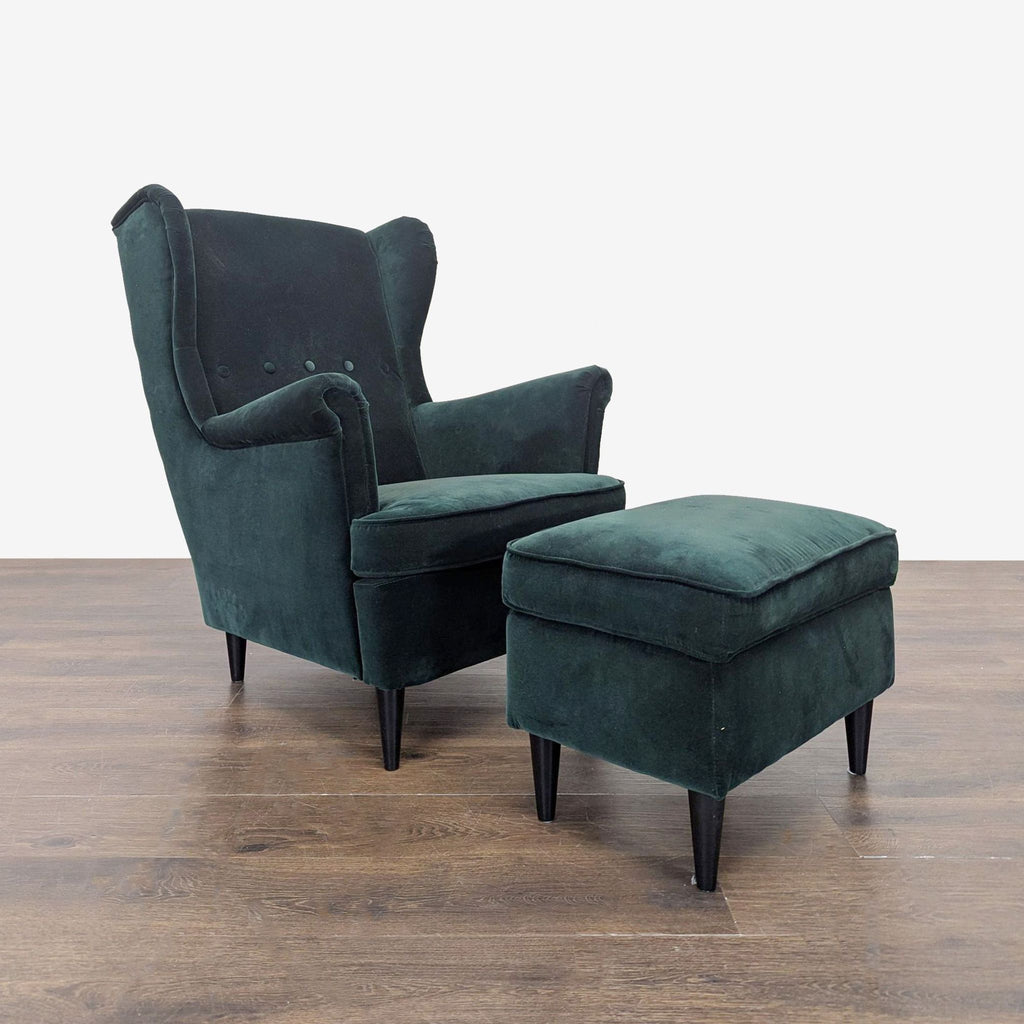 Ikea lounge set with dark green velvet armchair and matching footstool, both featuring black legs.
