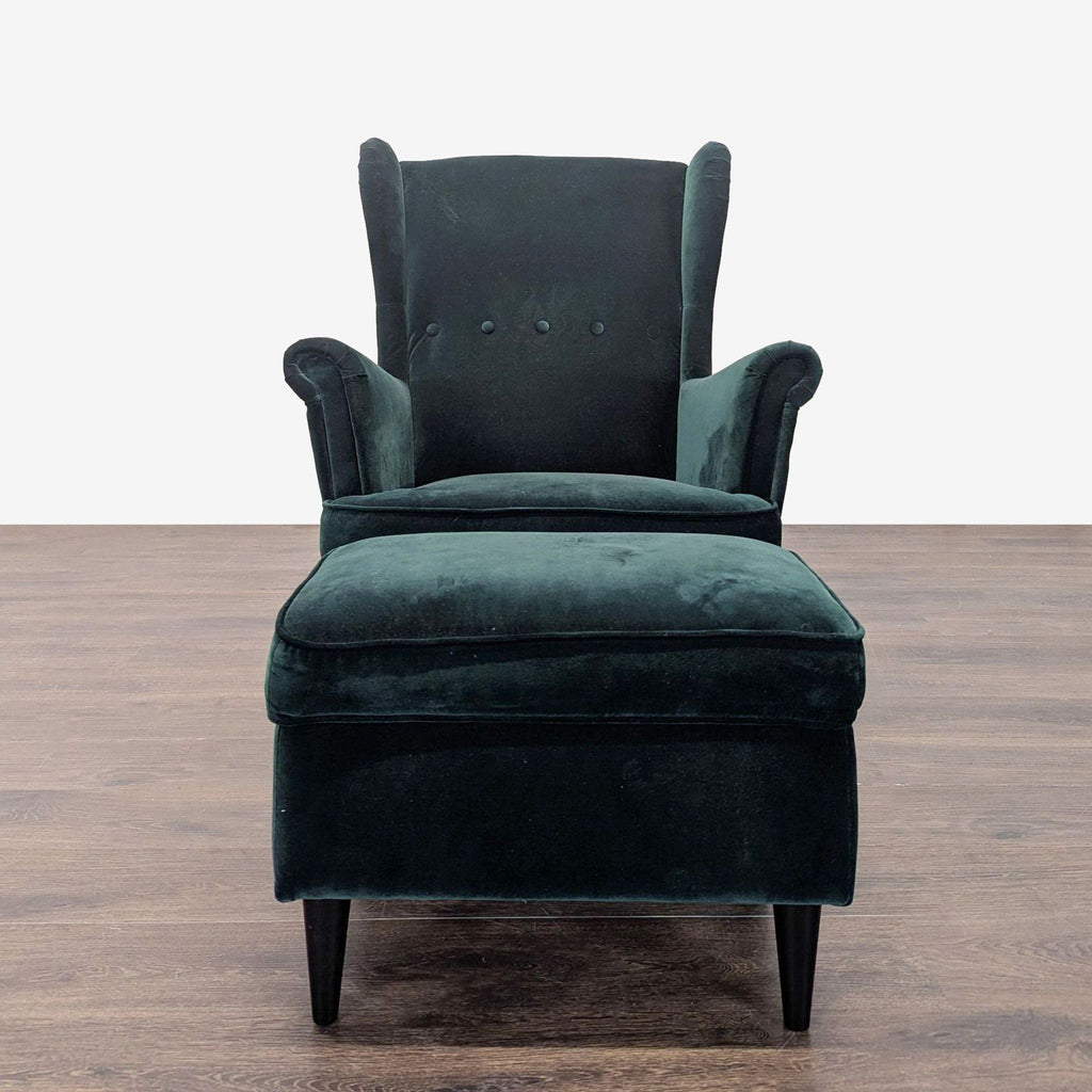Ikea Strandmon Lounge Armchair with Footstool - Dark Green Velvet