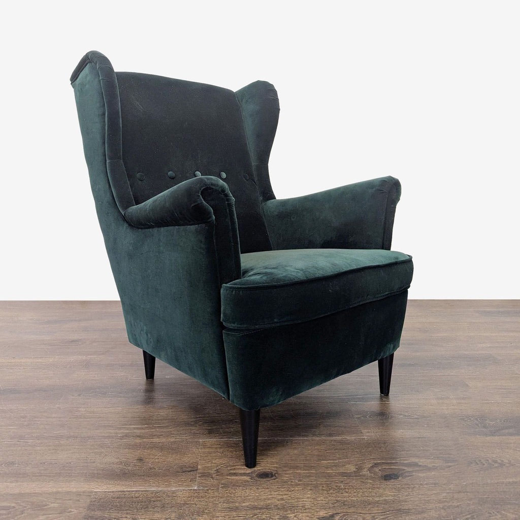 Ikea Strandmon Lounge Armchair with Footstool - Dark Green Velvet