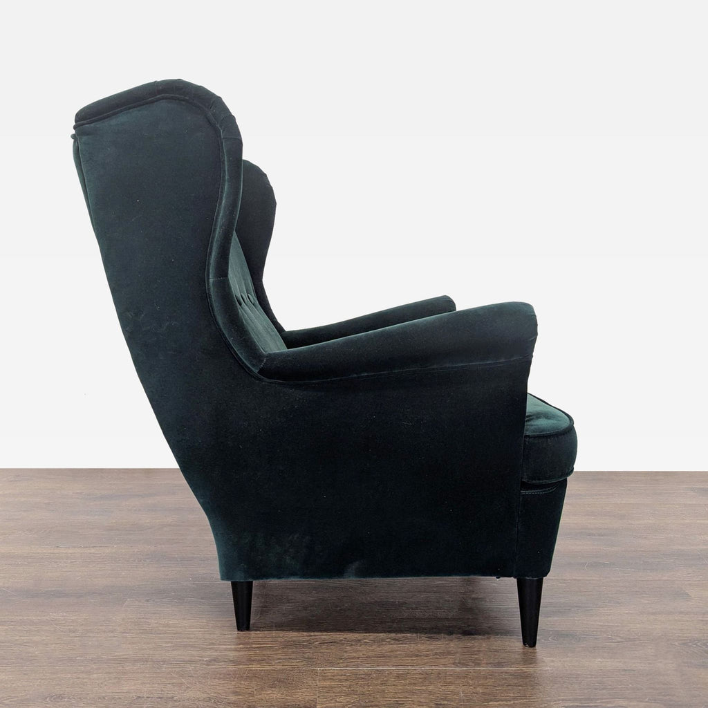 Ikea Strandmon Lounge Armchair with Footstool - Dark Green Velvet