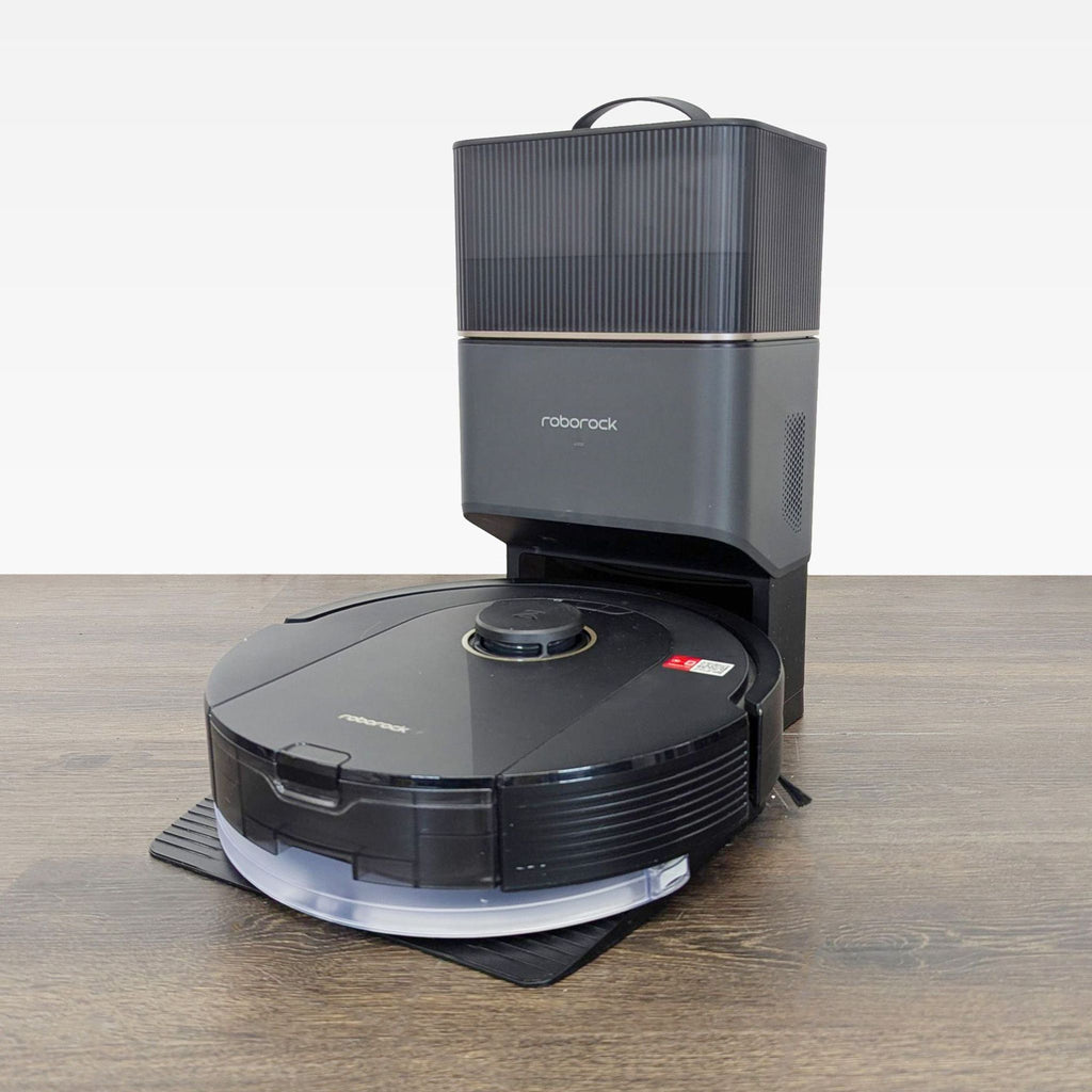 Modern Roborock appliance features a robot vacuum and automatic dustbin emptying station for easy upkeep.