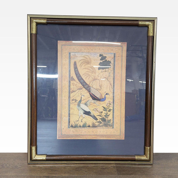 Vintage peacock print in brass and wood frame, matted under glass for a classic decorative accent by Edward Art Products.