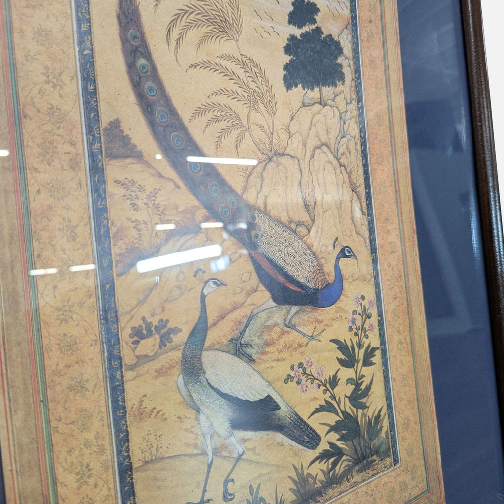 Reproduction print of a detailed peacock, set in glass with a brass and wood frame, ideal for traditional interiors.