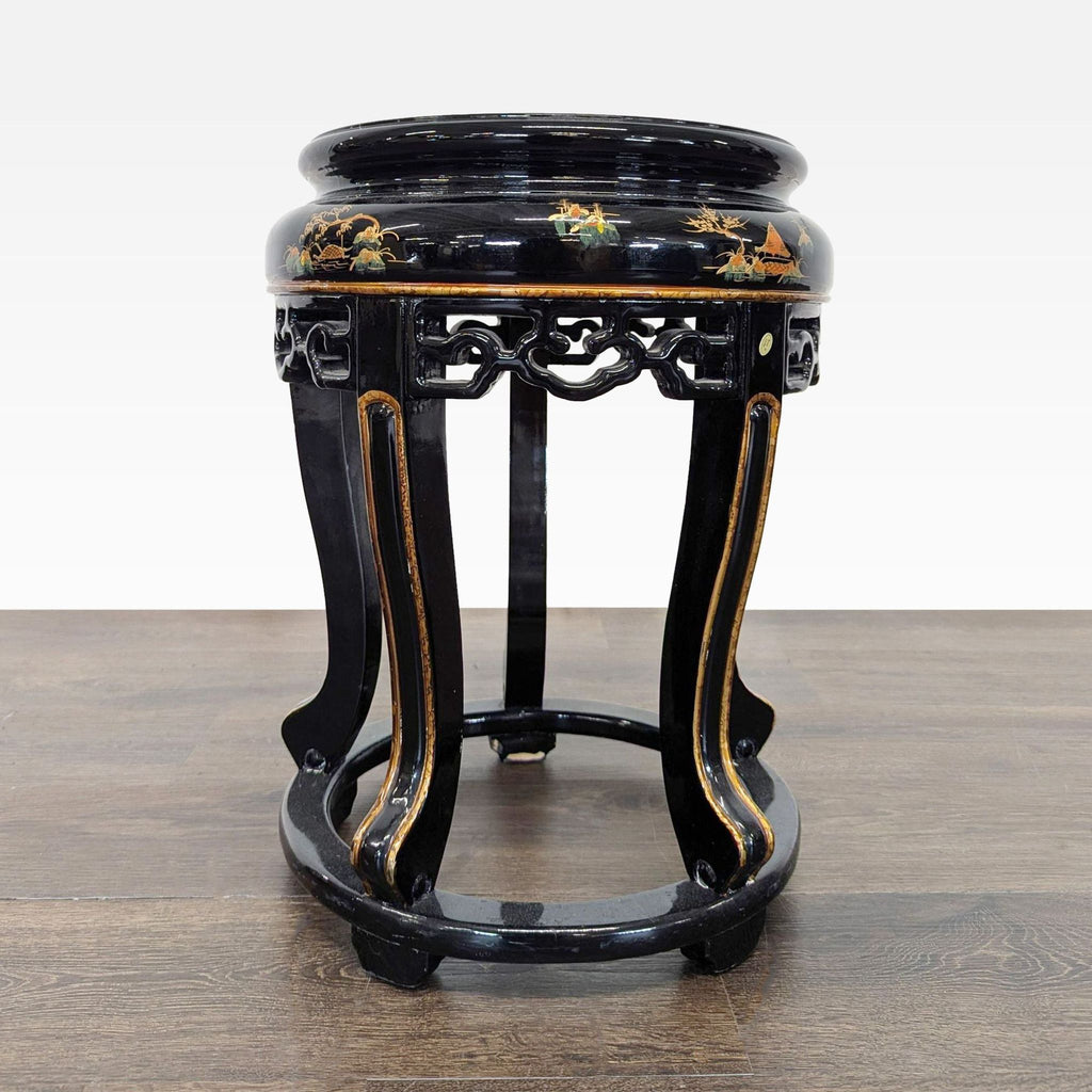 1. Black lacquered stool with gold hand painted scenery and ornate carvings, part of Stools, Ottomans & Benches.  
