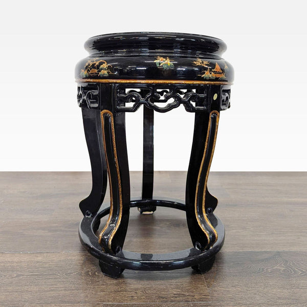 1. Black lacquered stool with gold hand painted scenery and ornate carvings, part of Stools, Ottomans & Benches.  
