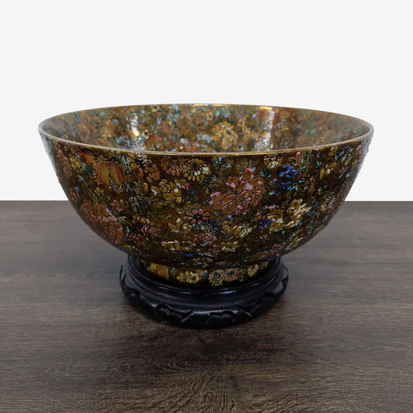 Vintage Satsuma bowl on rosewood stand, featuring dense hand-painted flowers and a central pink peony.  