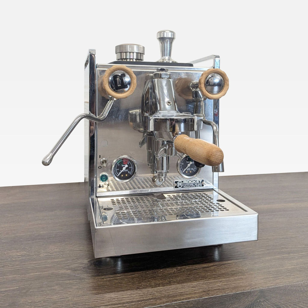 Compact Rocket coffee maker featuring stylish wood accents, twin gauges, and a stainless steel body.