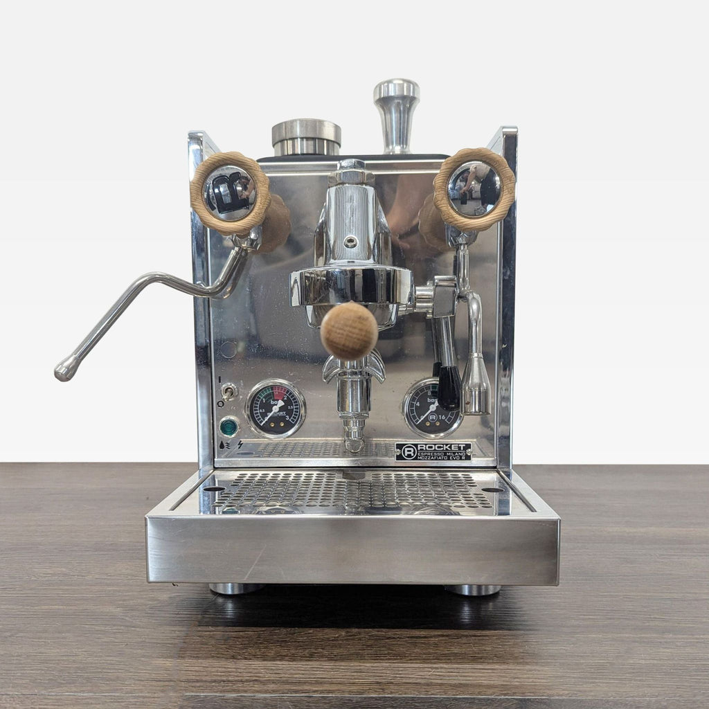 Rocket espresso machine with stainless steel finish, wood handles, dual gauges, and a pro steam wand.