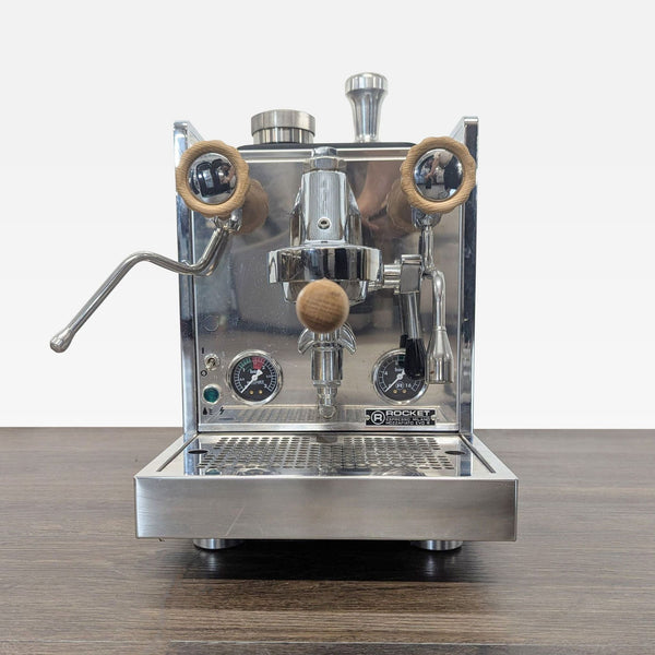 Rocket espresso machine with stainless steel finish, wood handles, dual gauges, and a pro steam wand.