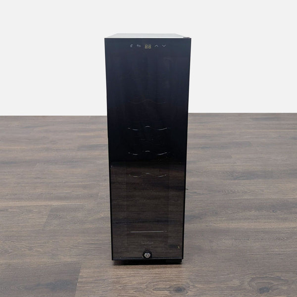 Slim black Ivation refrigerator with glass door, perfect for storing wine in compact spaces, shown closed.