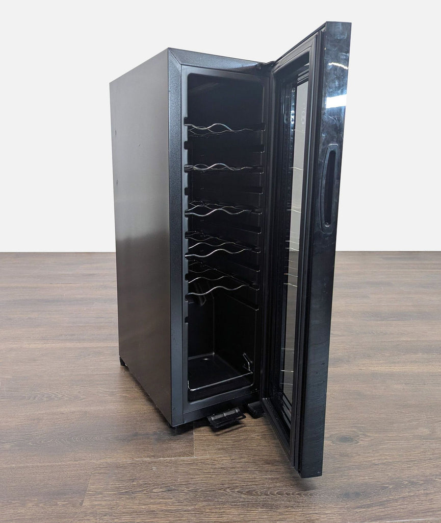 Ivation wine fridge with open glass door shows multiple metal shelves for bottle storage, sleek and space-saving.