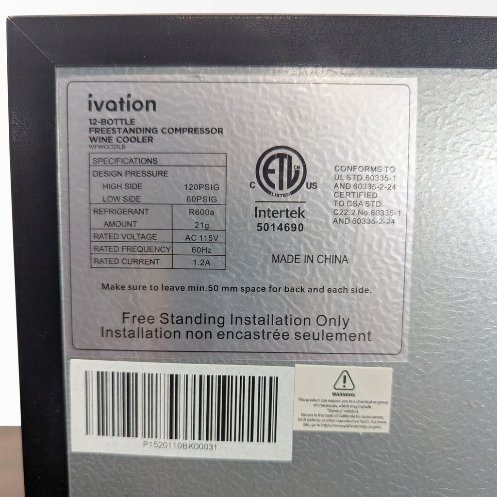 Close-up of Ivation wine cooler label displays model specifications, certifications, and installation instructions.