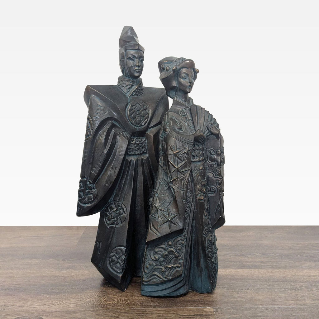 Bronze-finished Durastone sculpture of a Japanese couple in traditional dress, showcasing detailed patterns.