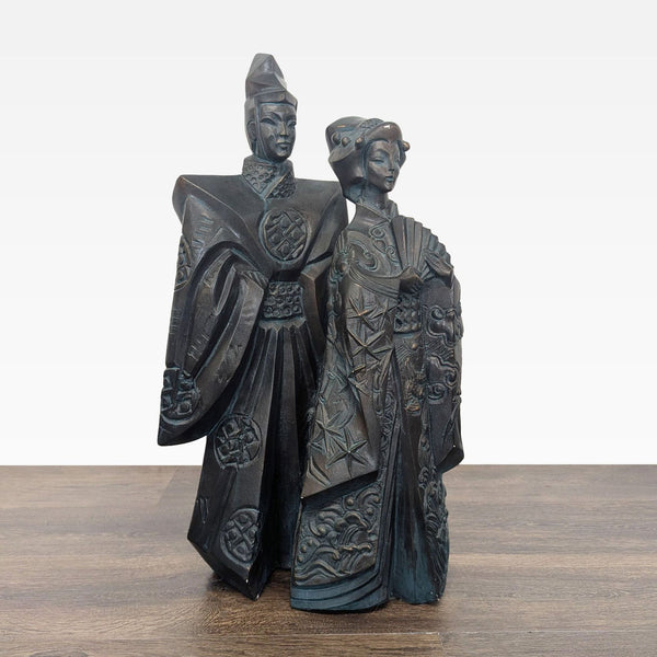 Bronze-finished Durastone sculpture of a Japanese couple in traditional dress, showcasing detailed patterns.