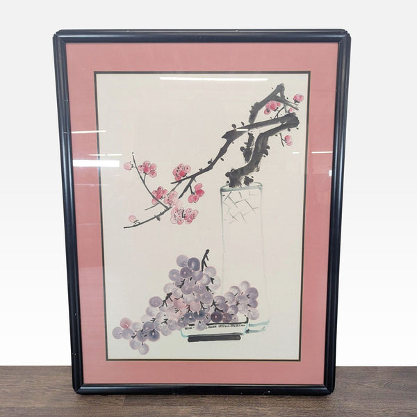 Traditional Chinese ink and wash artwork of plum blossoms and grapes in modern still life, black lacquer-style frame.
