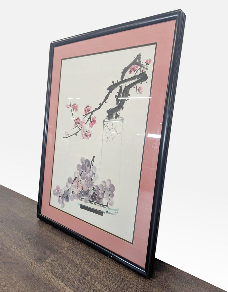 Large Framed Chinese Ink Wash Style Still Life – Plum Blossom & Grapes Artwork