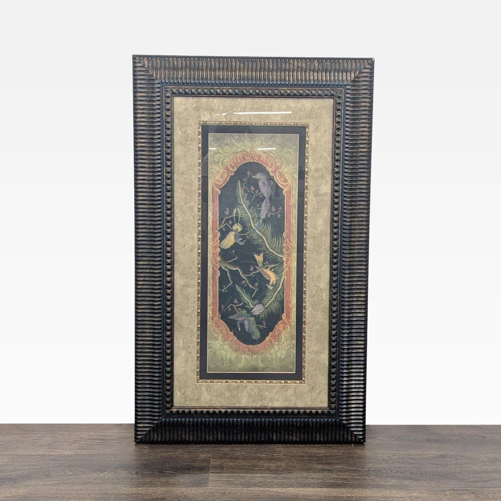 Large Chinoiserie print "Paradise II" with exotic birds, foliage, black background, and gold accents in ornate frame.