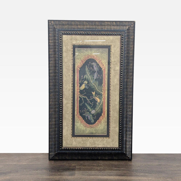 Large Chinoiserie print "Paradise II" with exotic birds, foliage, black background, and gold accents in ornate frame.