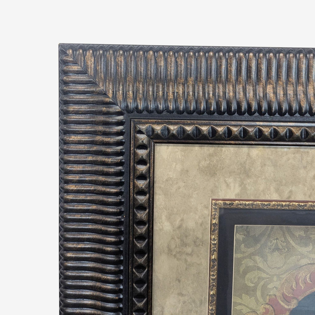 Statement wall print in carved wood frame, featuring lush Chinoiserie motifs of birds and foliage on dark background.