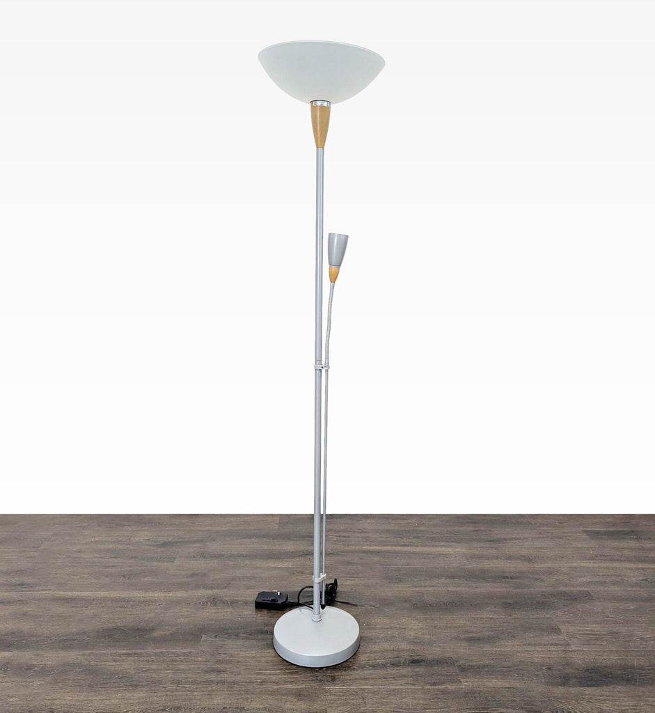 2. Adjustable silver lamp with upward and reading lights, featuring wood-style details, ideal for various rooms.